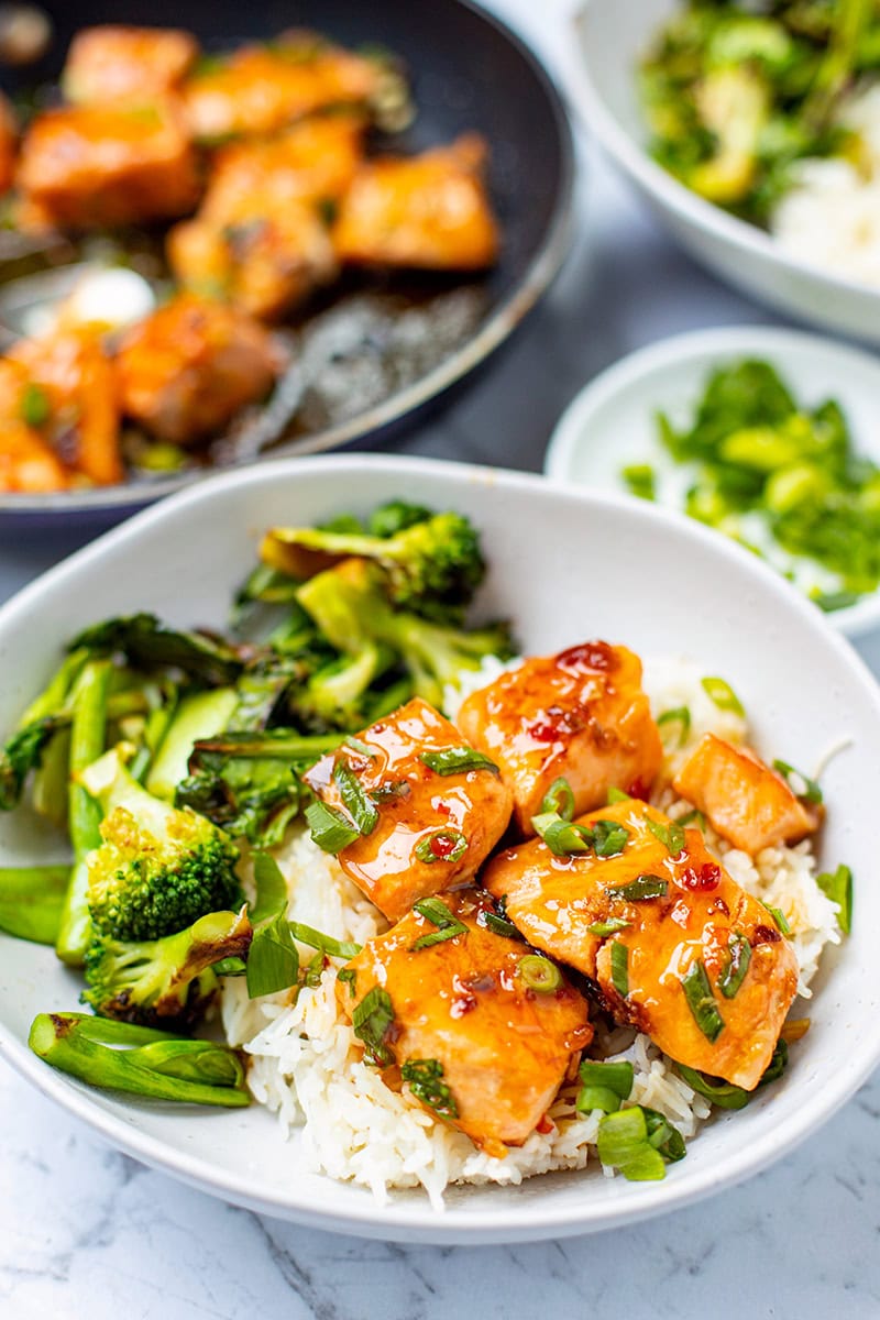 Salmon Bites Glazed With Sweet Chili Soy Sauce