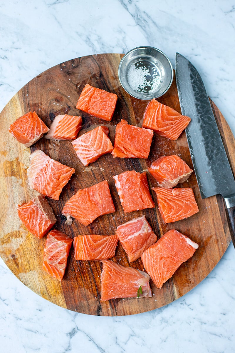 Step 1 Cut the salmon into bite size pieces
