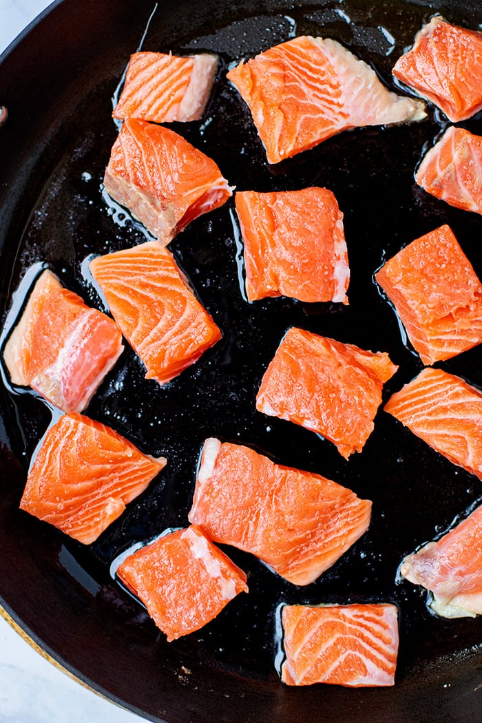 Step 1 Frying salmon bites