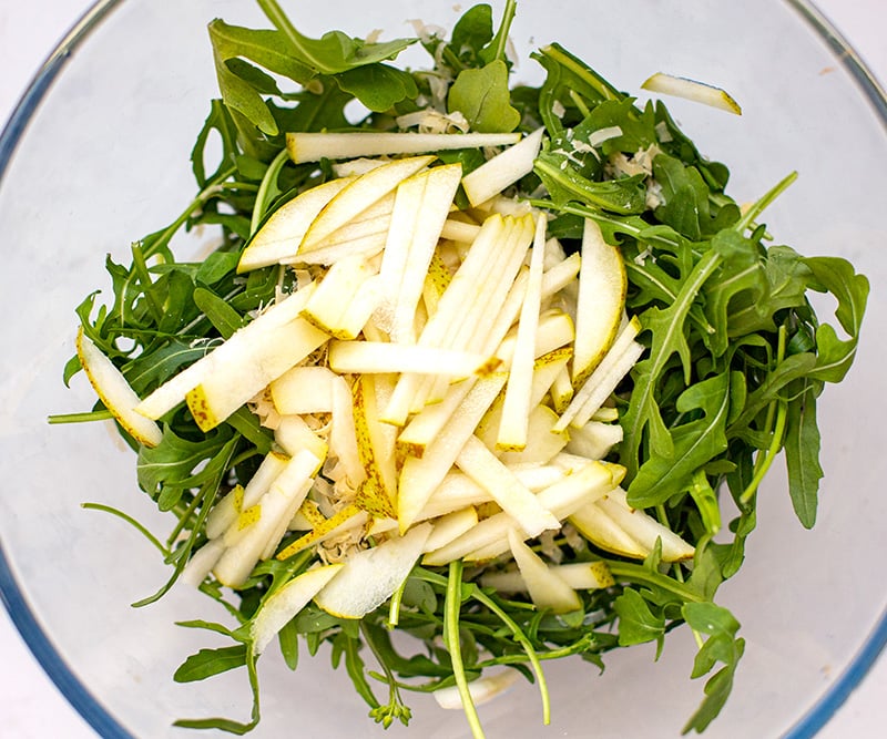 Pear and rocket salad in a bowl