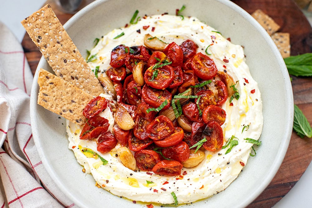 Whipped Feta Dip Recipe With Roasted Tomatoes & Garlic