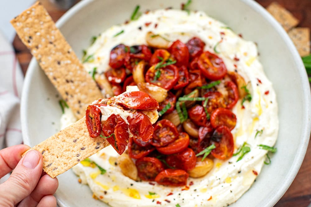 Whipped Feta on crackers