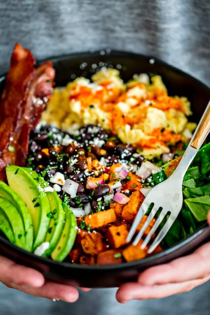 High protein breakfast bowls with sweet potatoes and beans
