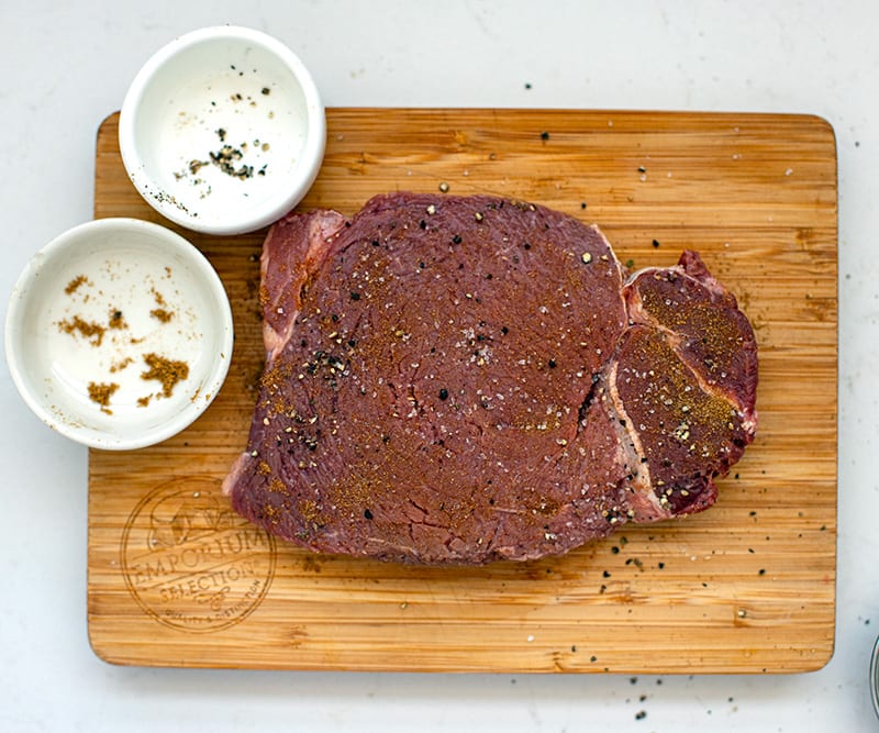 Step 1- season steak with cumin, salt and pepper