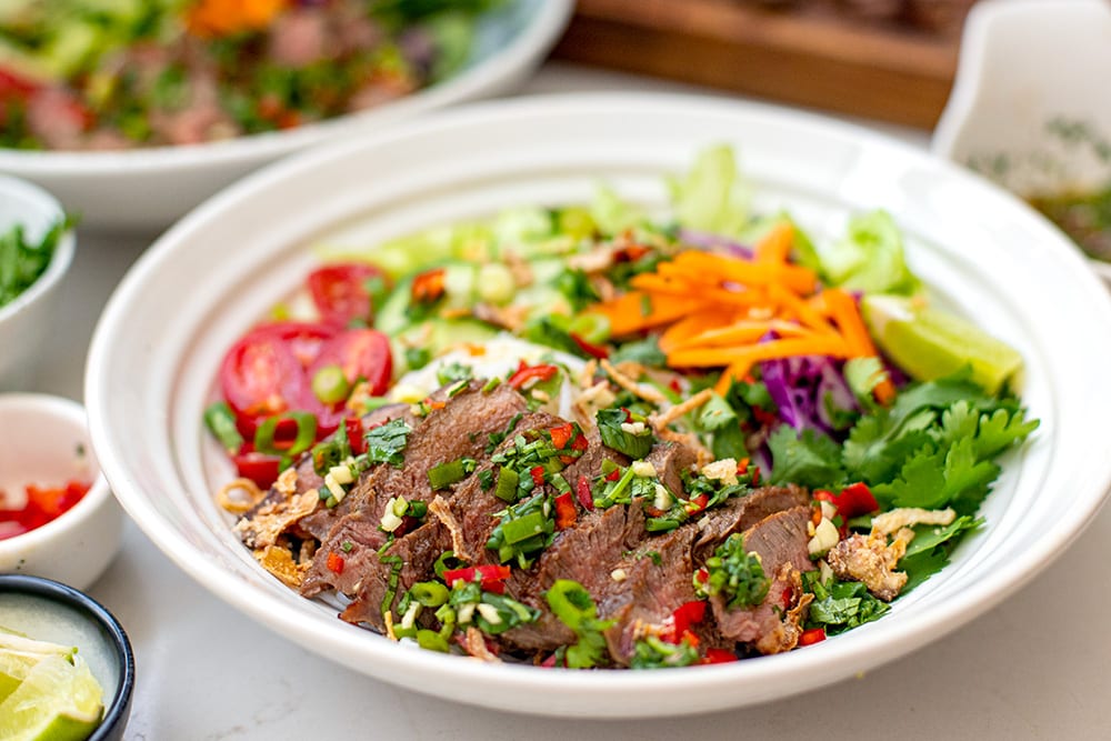 Rice Noodle Salad Bowls With Crying Tiger Beef & Sauce