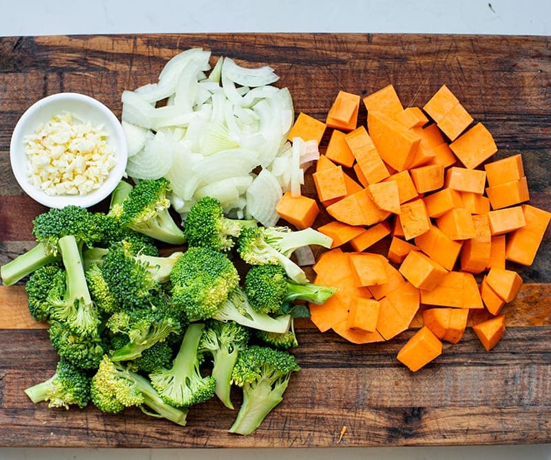 Vegetables cut up for skillet dinner