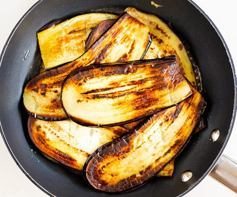 Pan-fried eggplant ready for Parmigiana