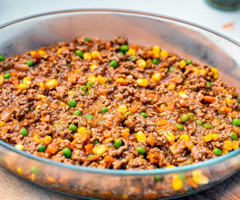 Shepherd's Pie filling in a casserole dish