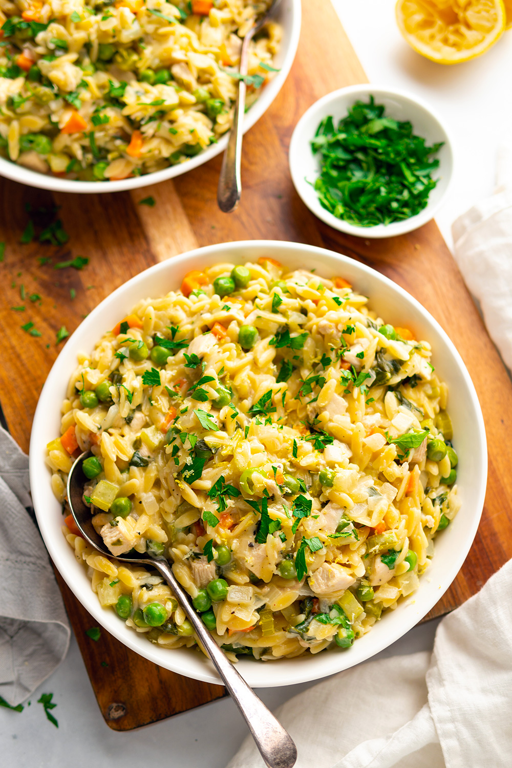 Chicken Orzo Recipe With Peas, Spinach, Cream and Parmesan