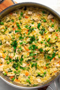 Creamy Chicken Orzo Recipe With Peas & Spinach