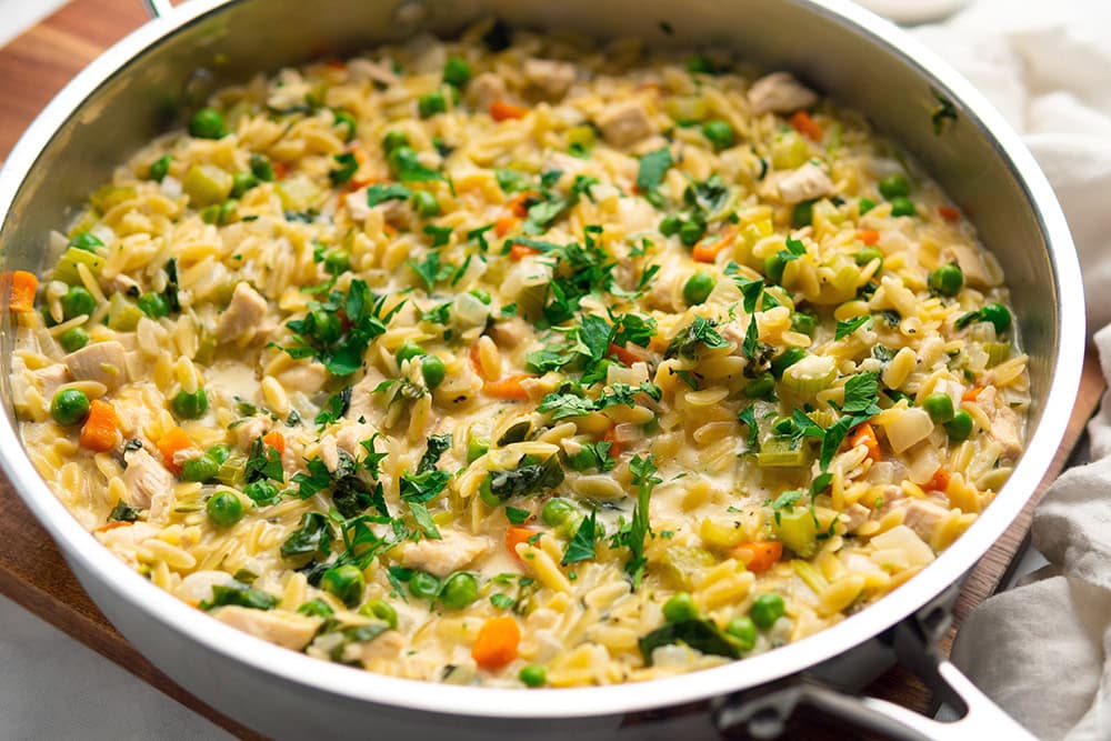 Creamy Orzo Recipe With Chicken, Peas & Spinach