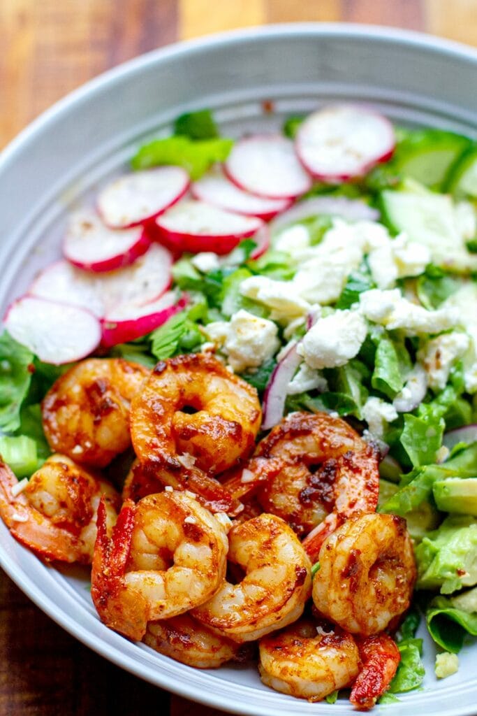 Grilled shrimp salad recipe with avocado, feta, radish and cucumber