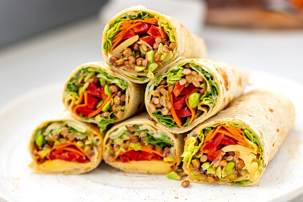 Healthy wraps with lentils hummus and edamame beans