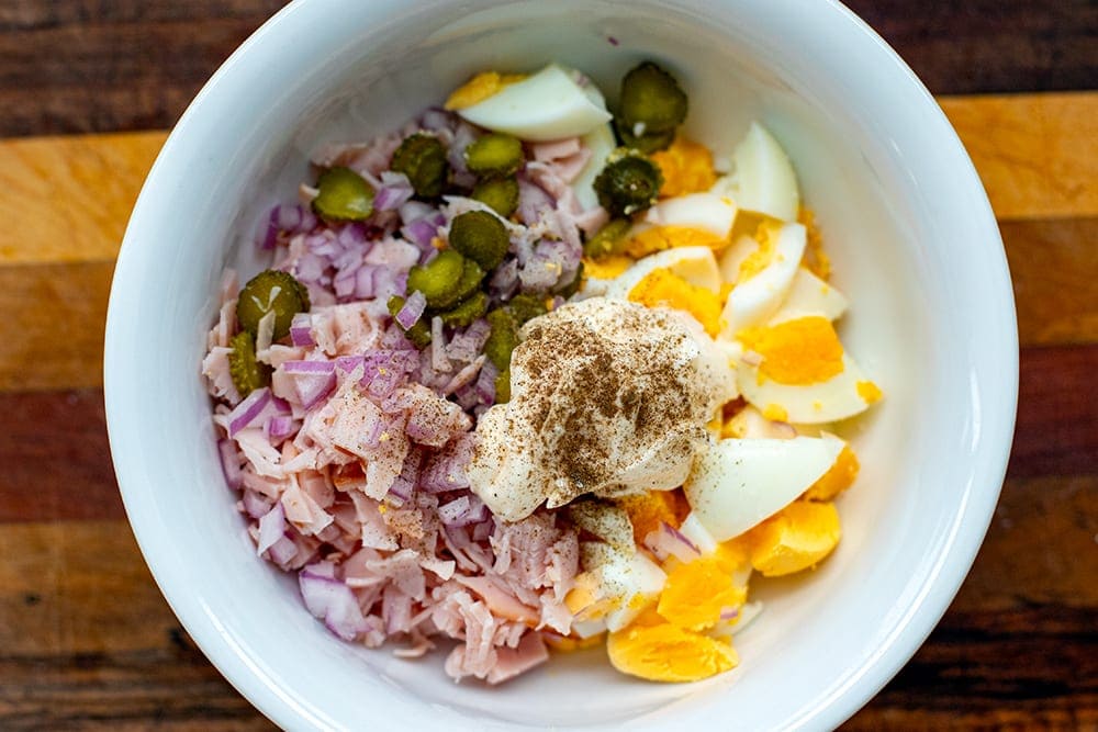 How to make egg salad with ham and pickles