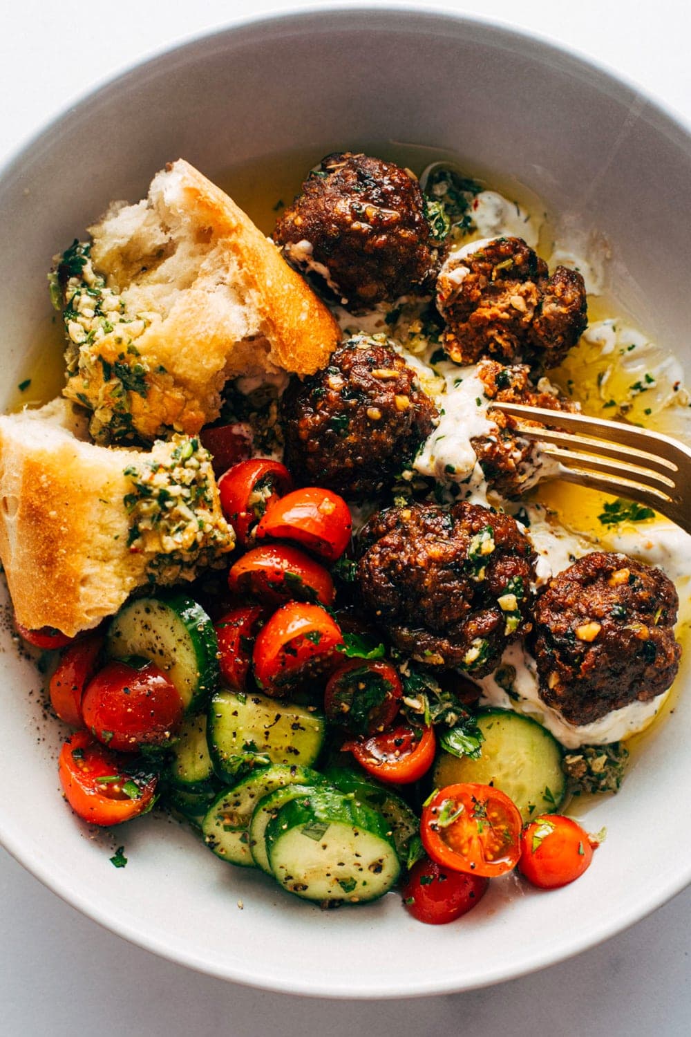 Sheet Pan Meatballs With Tomato Salad & Green Sauce