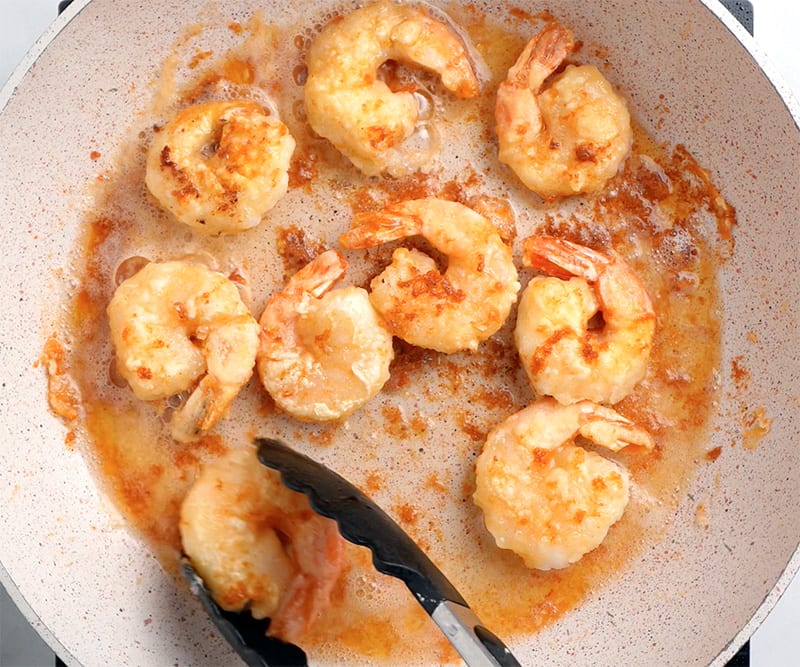Pan fried shrimp in a pan