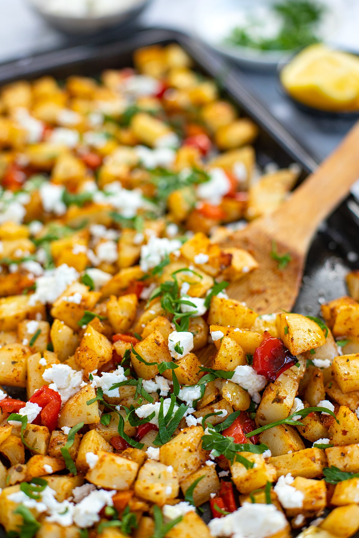 Greek Roasted Potatoes With Peppers & Feta