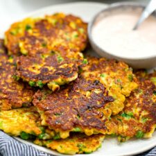 Halloumi Fritters With Peas & Corn with tomato garlic aioli on the side