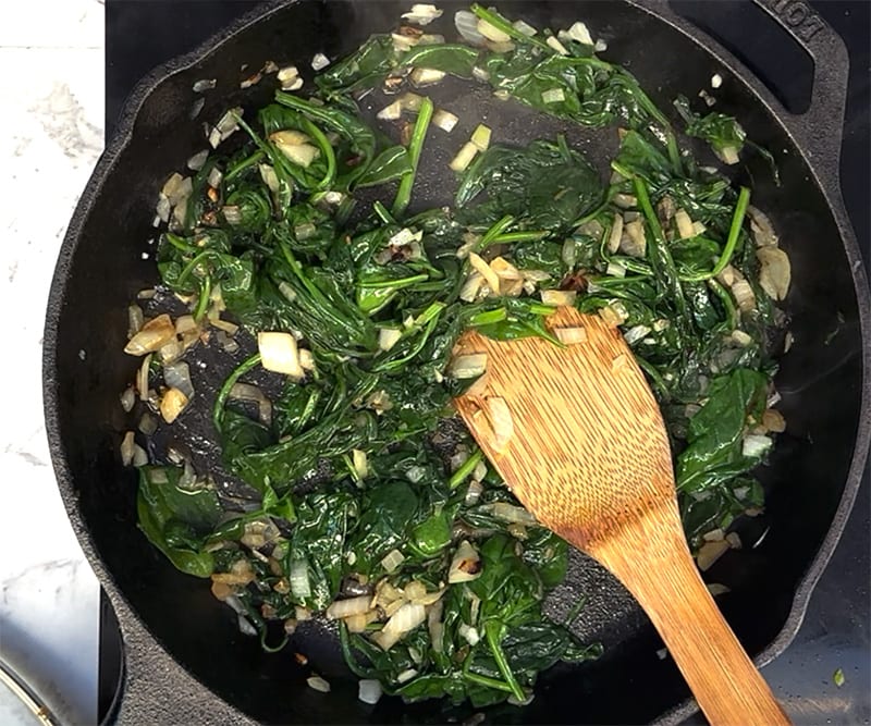 Wilted spinach in a pan