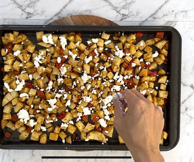 Feta potatoes on a sheet pan