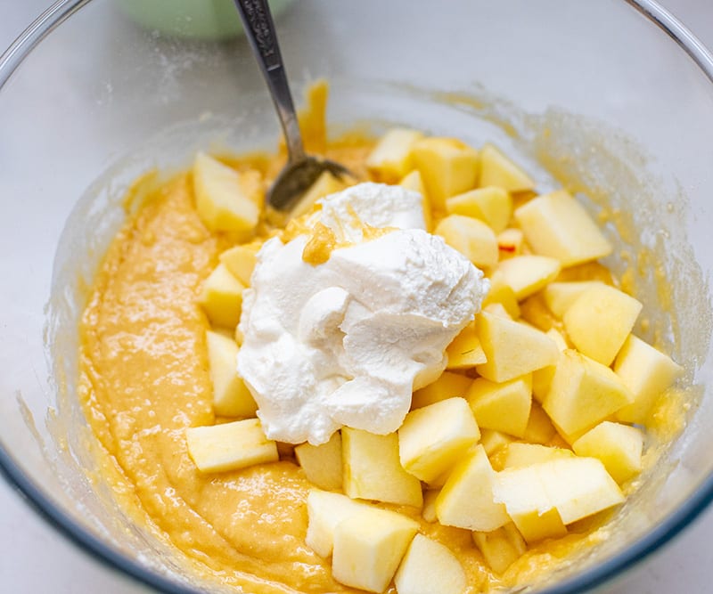 Add ricotta and apple to cake batter