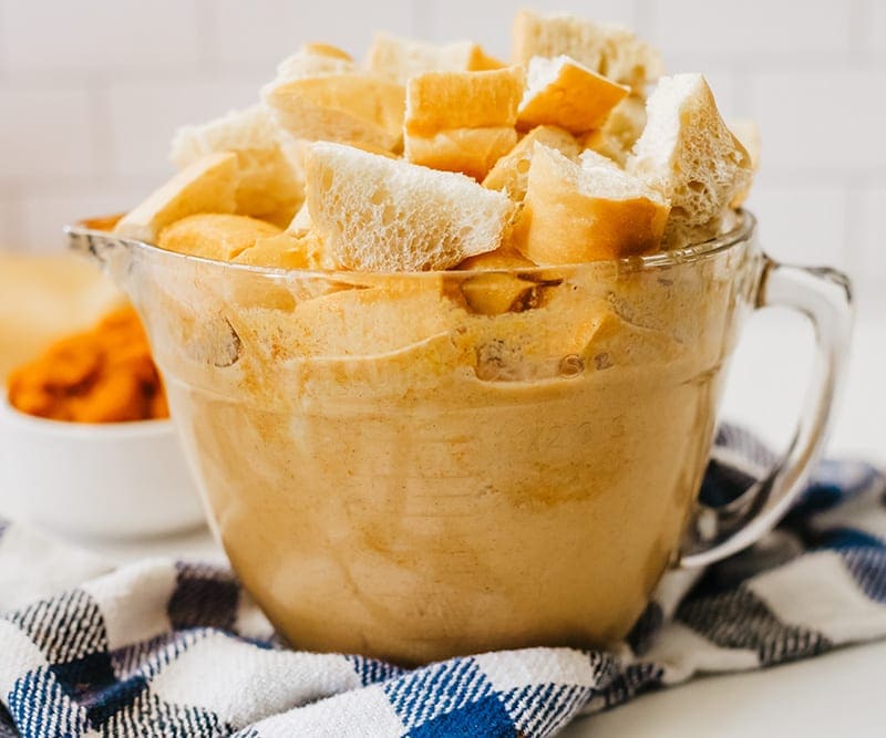 Cut up bread and add to the creamy liquid 