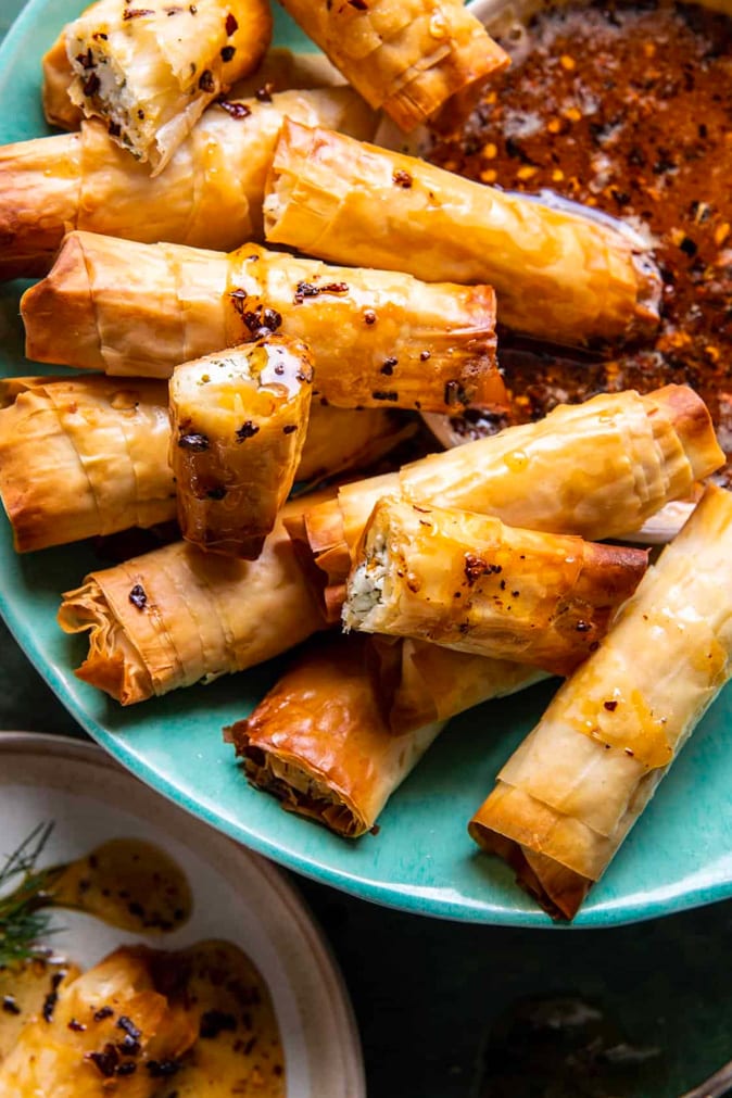 feta filo pastry rolls with honey and chili