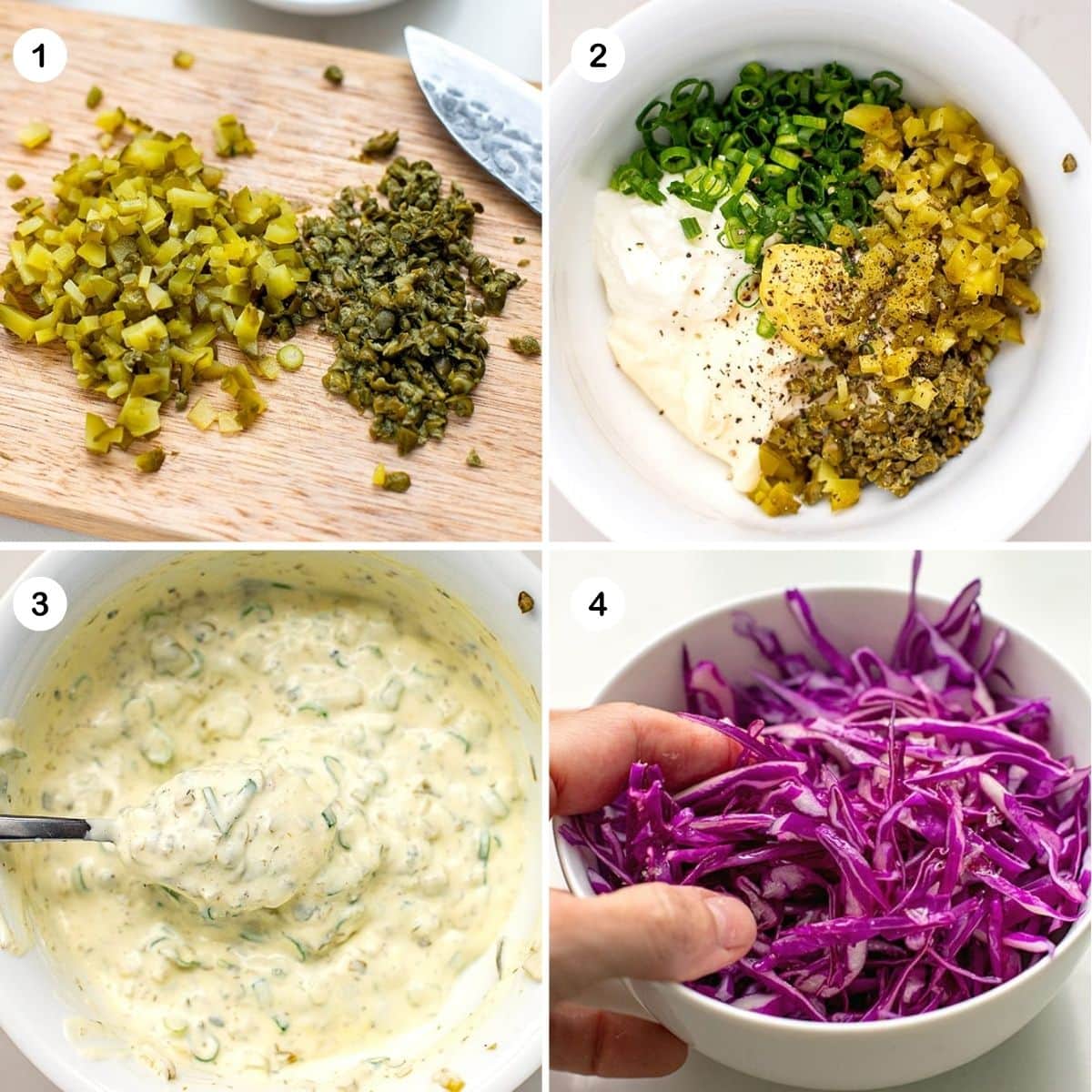 Making the tartar sauce and shred the cabbage.