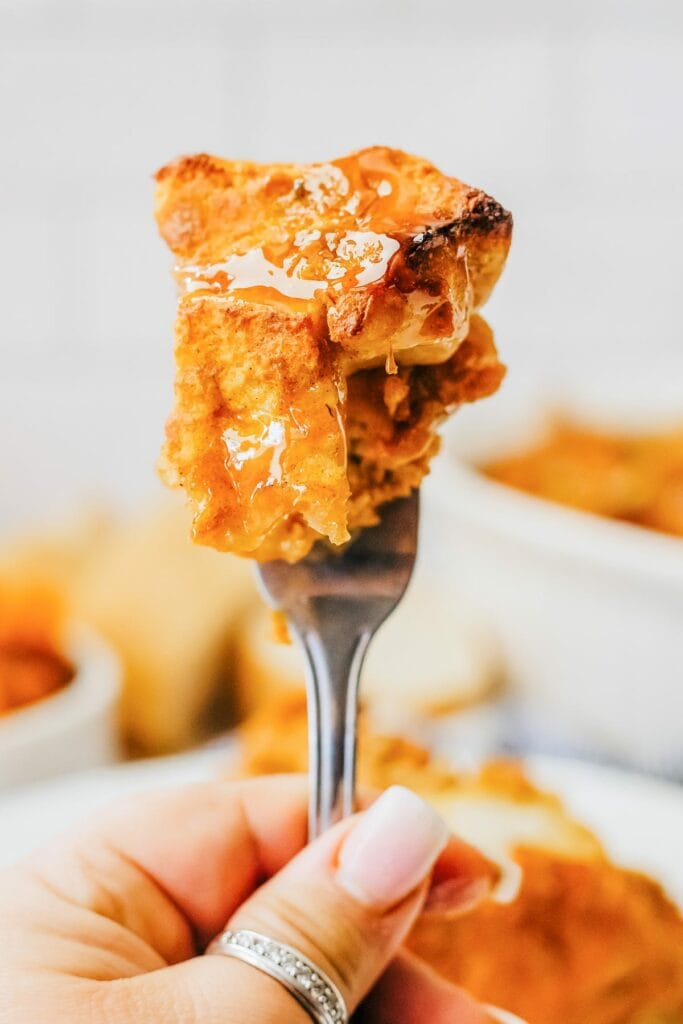 A piece of Pumpkin Bread Pudding on a fork