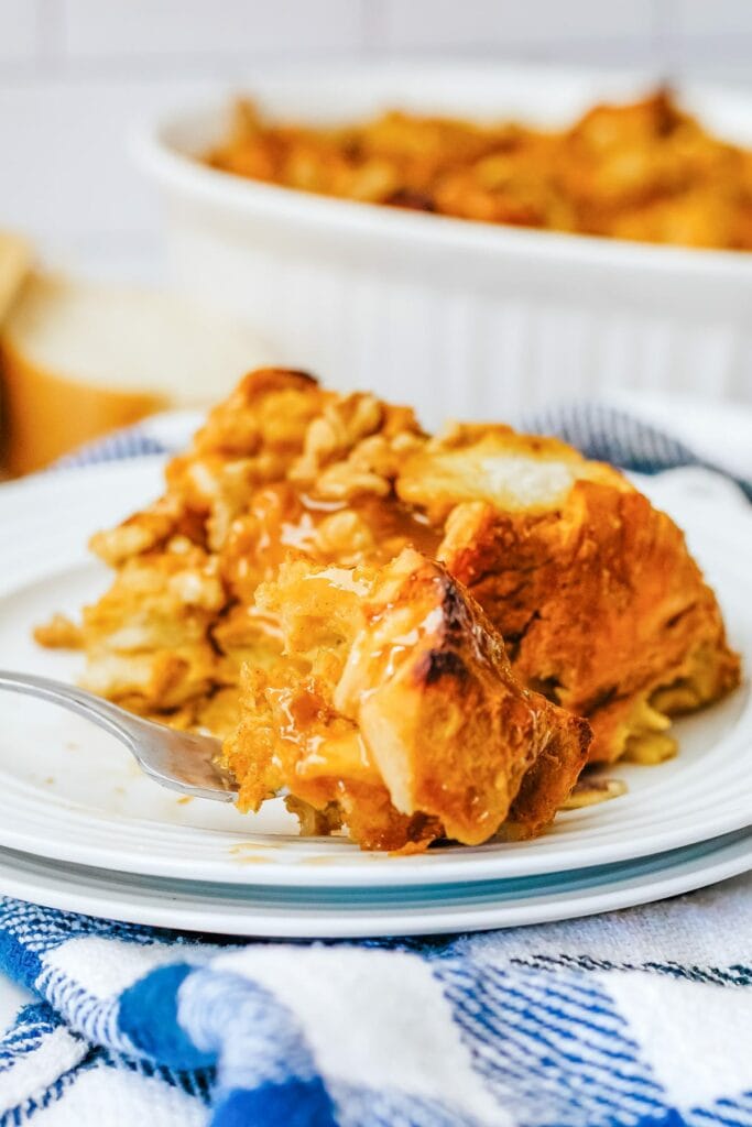 A slice of Pumpkin Bread Pudding on a plate