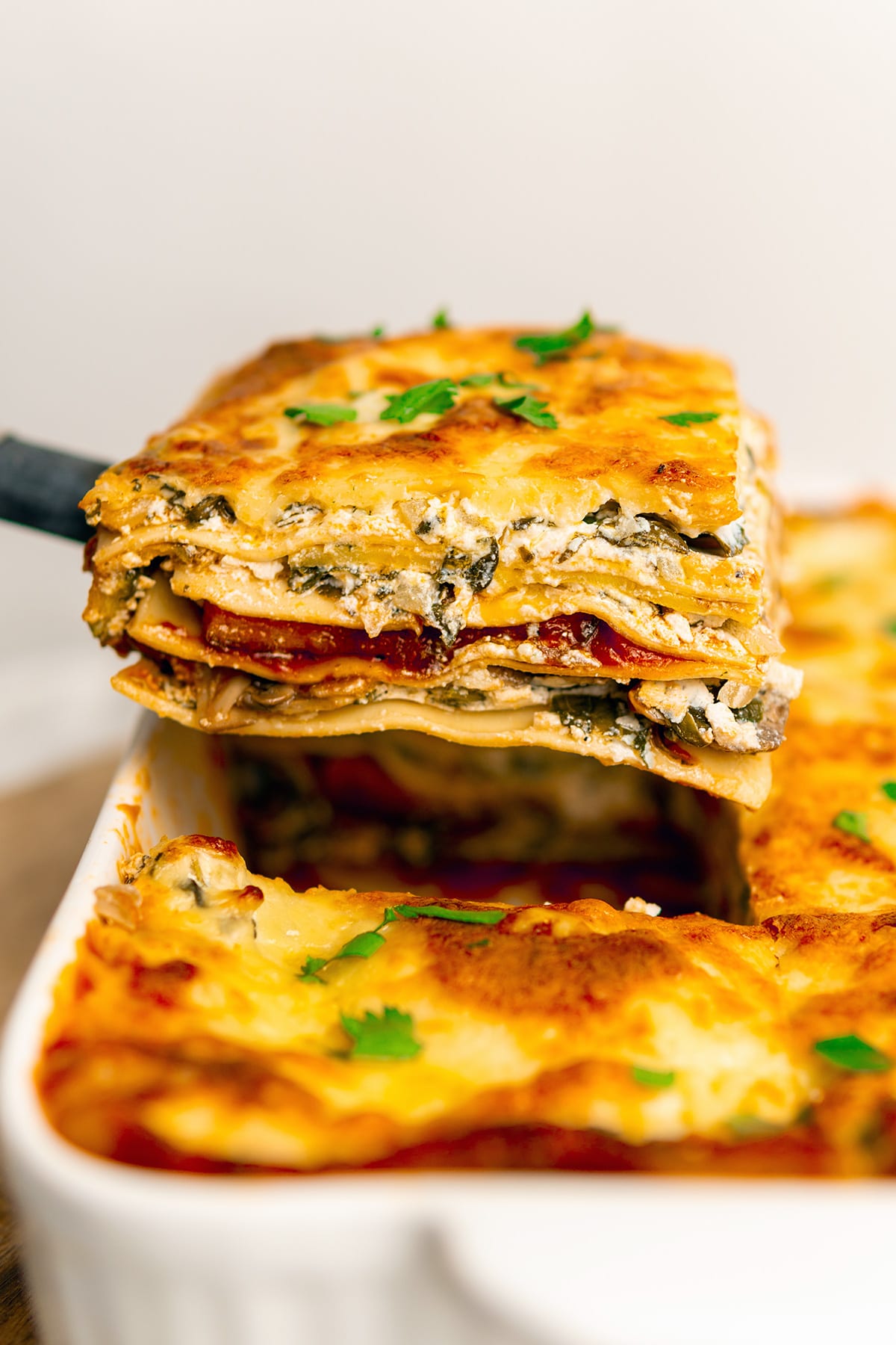 Vegetable cottage cheese lasagna with butternut squash, zucchini and spinach