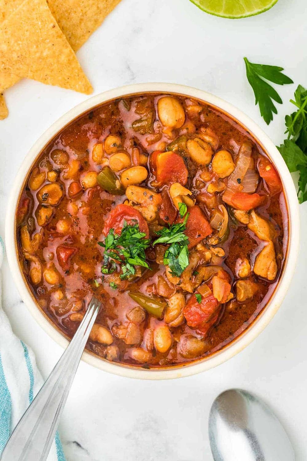 A bow of white Bean Chicken Chili in a tomato broth