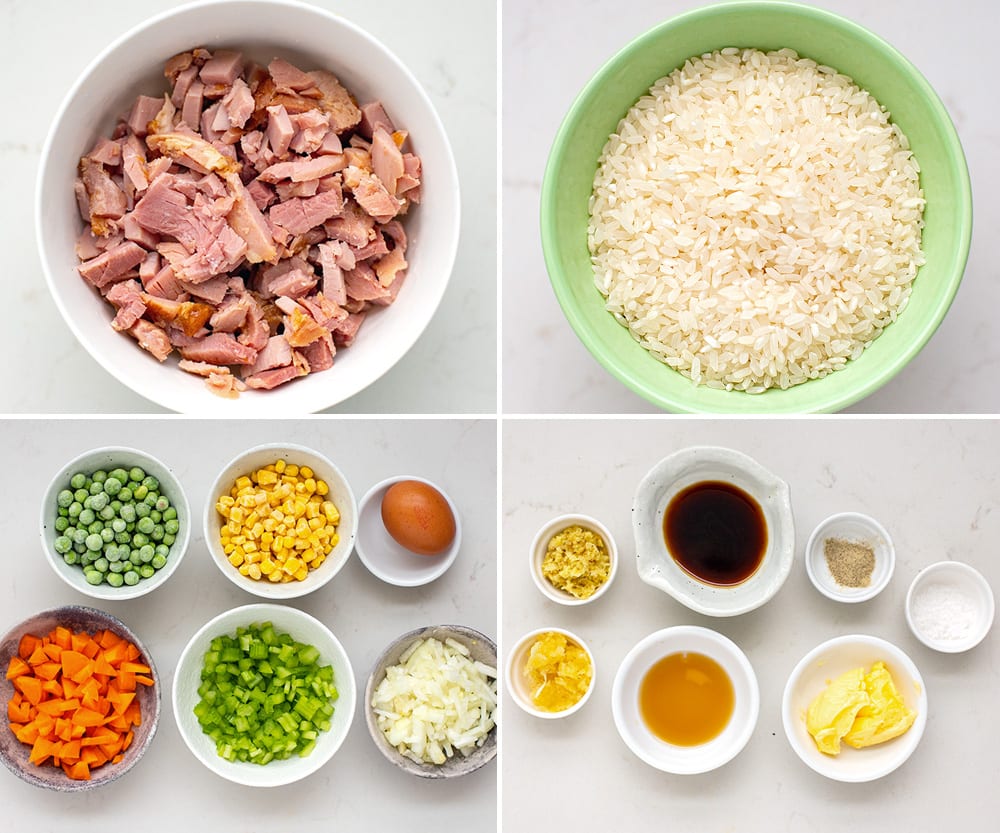ham fried rice ingredients: leftover diced ham, white rice, carrots, celery, onions, frozen peas and corn, egg. And flavours: garlic, ginger, white pepper, salt, soy sauce, sesame oil, and butter.