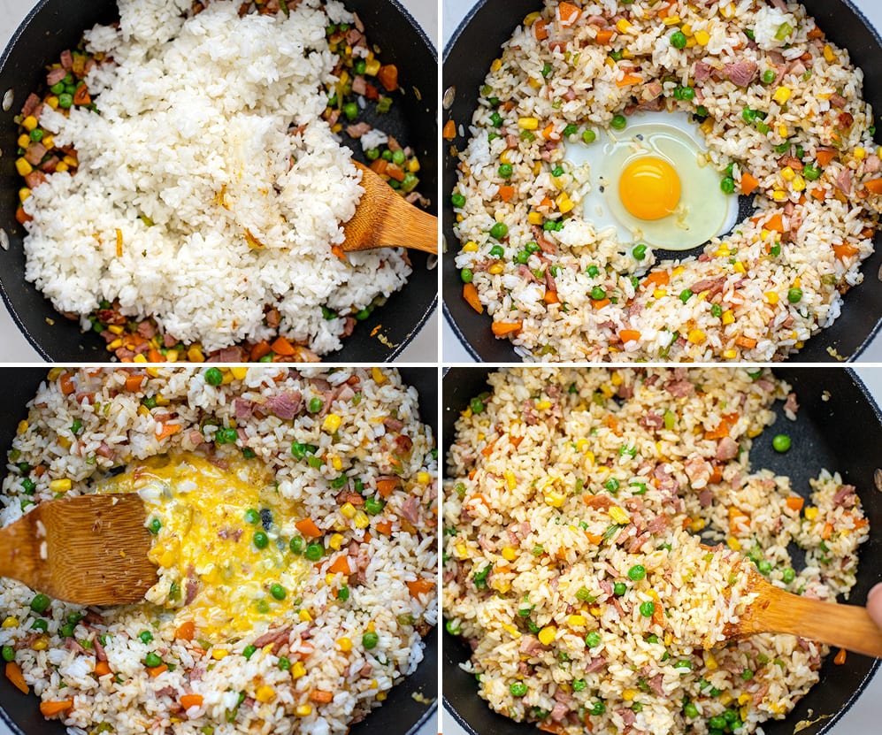 showing how to make ham fried rice in a skillet with egg.