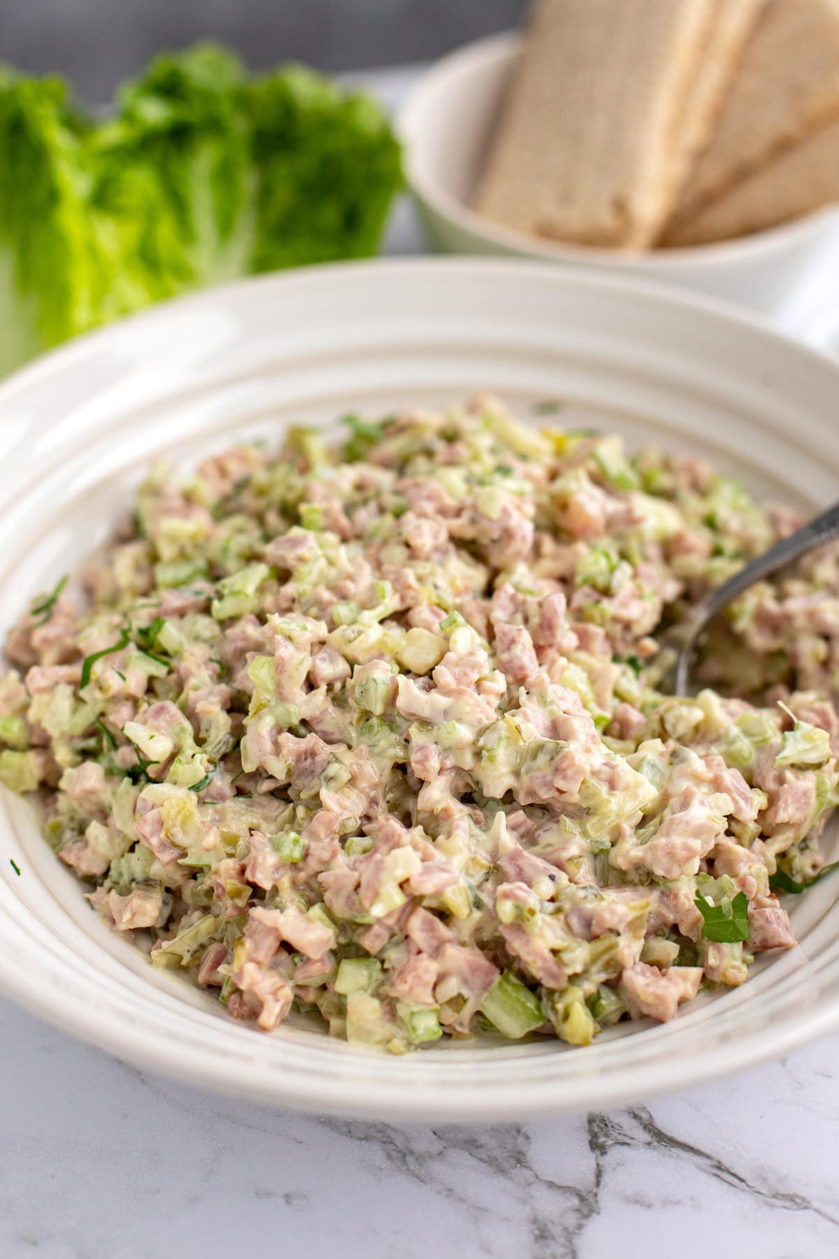 creamy ham salad recipe in a big bowl.