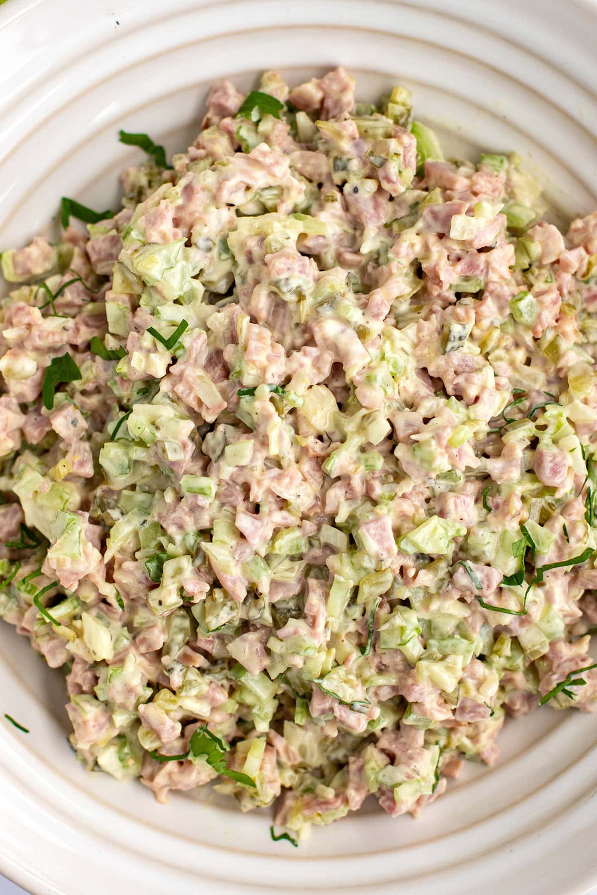 old-fashioned ham salad recipe in a big bowl.