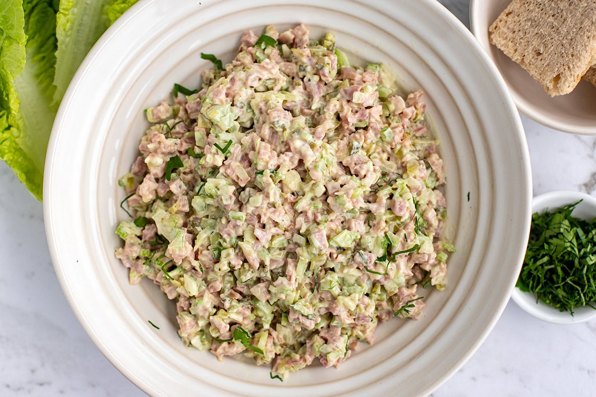 old-fashioned ham salad recipe in a big bowl.