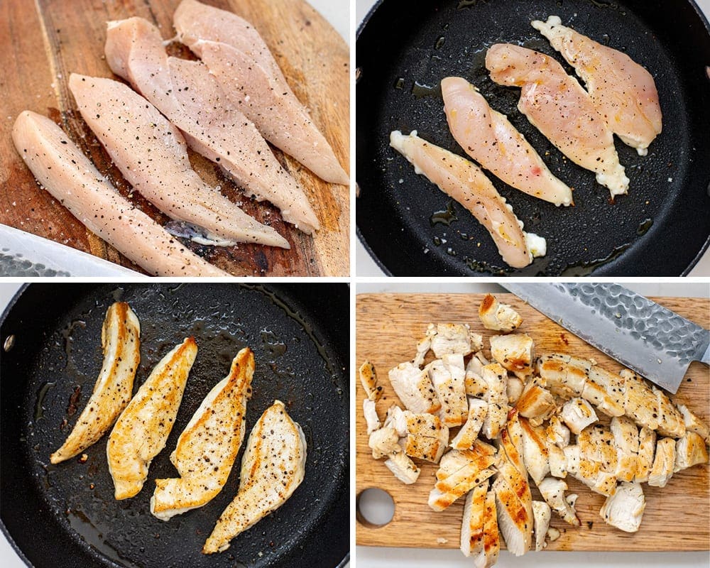 Pan fried chicken in a skillet and on a cutting board.