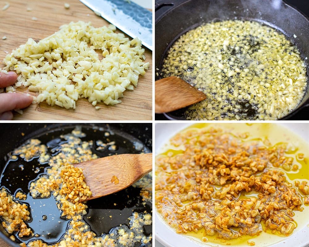 pan frying garlic in butter until crispy and golden brown.