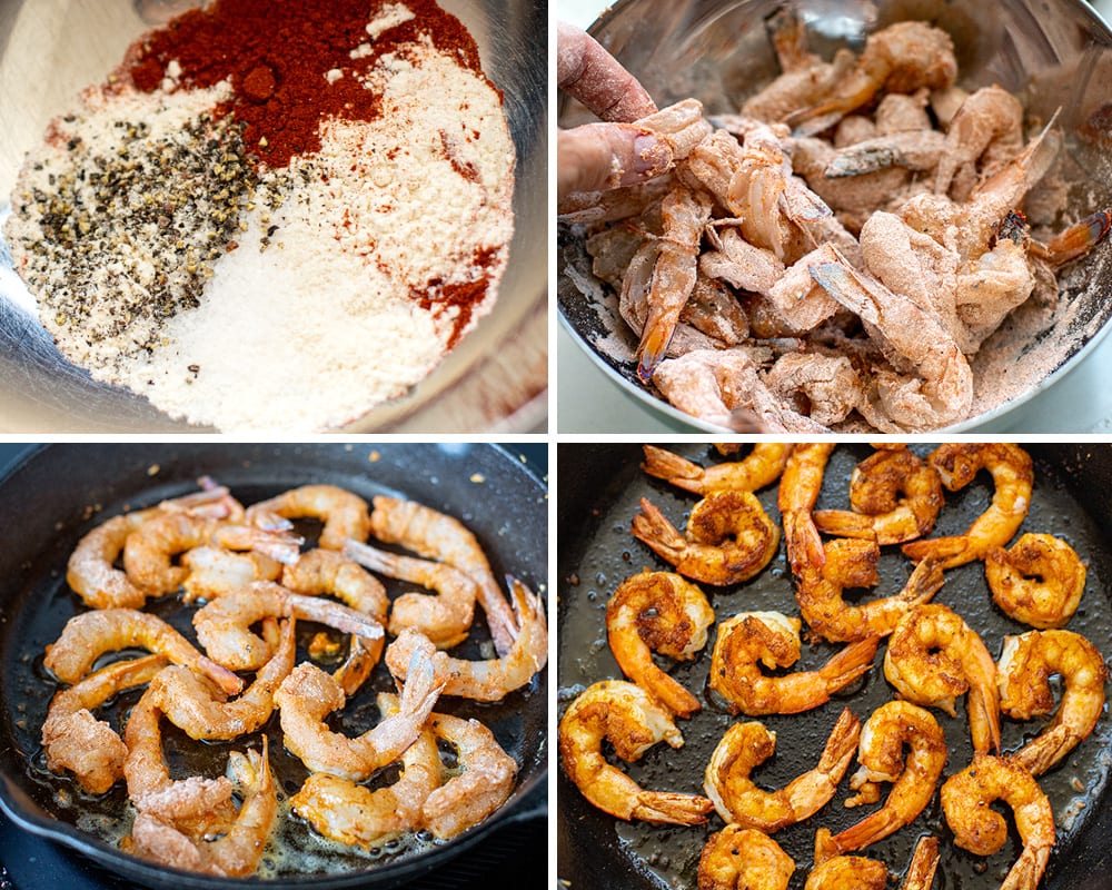 pan frying spiced coated shrimp (prawns) in a skillet until crispy.