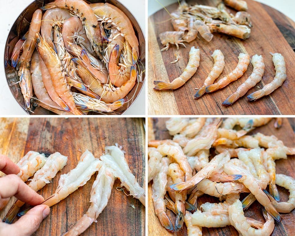 preparing the prawns -peeling, deveining and butterflying.