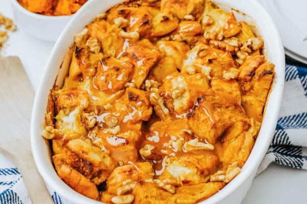 Pumpkin bread pudding with caramel sauce