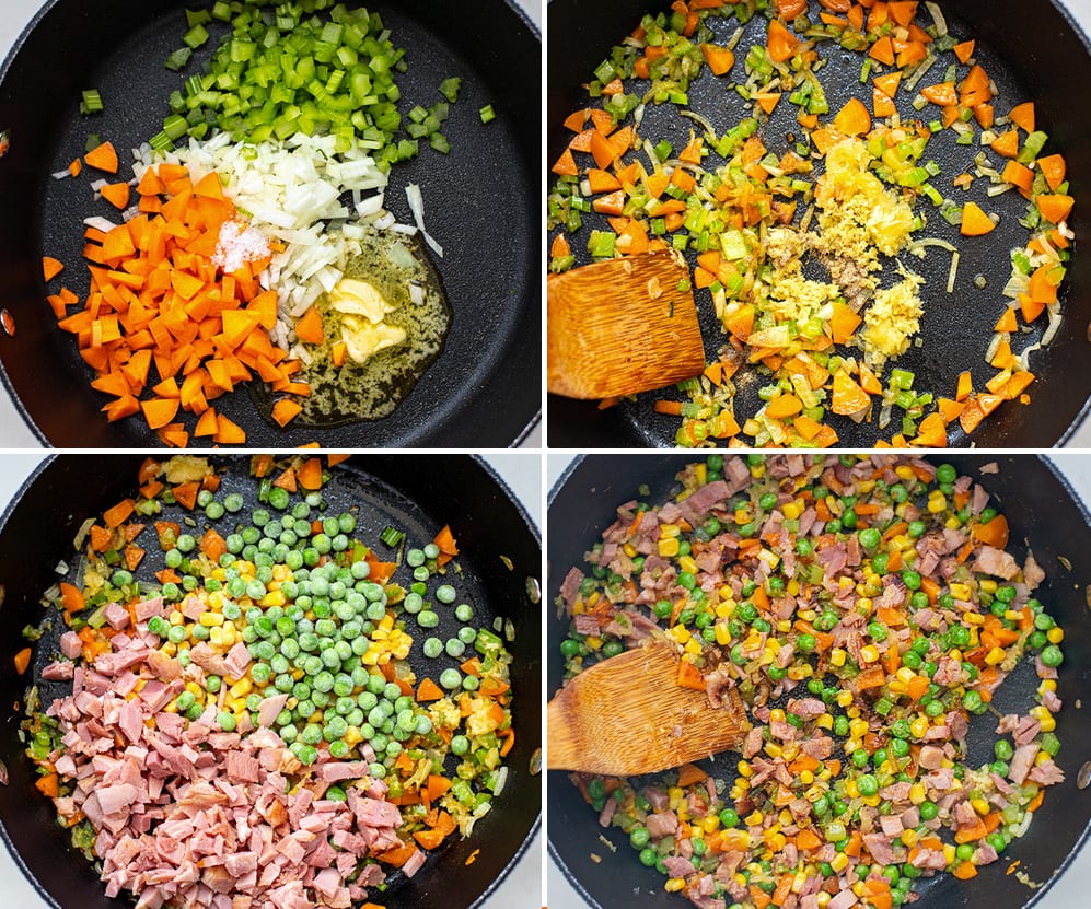 sautéing vegetables with ham, frozen peas and corn, garlic and ginger.