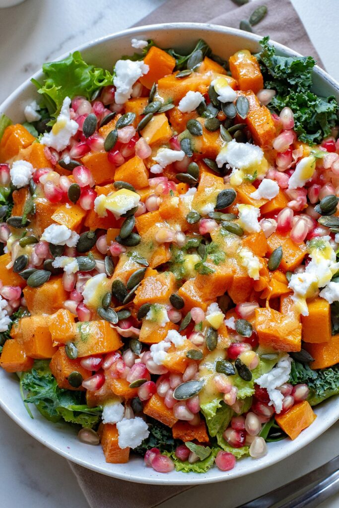 Winter salad with Butternut Squash and Pomegranate and With Honey Mustard Dressing
