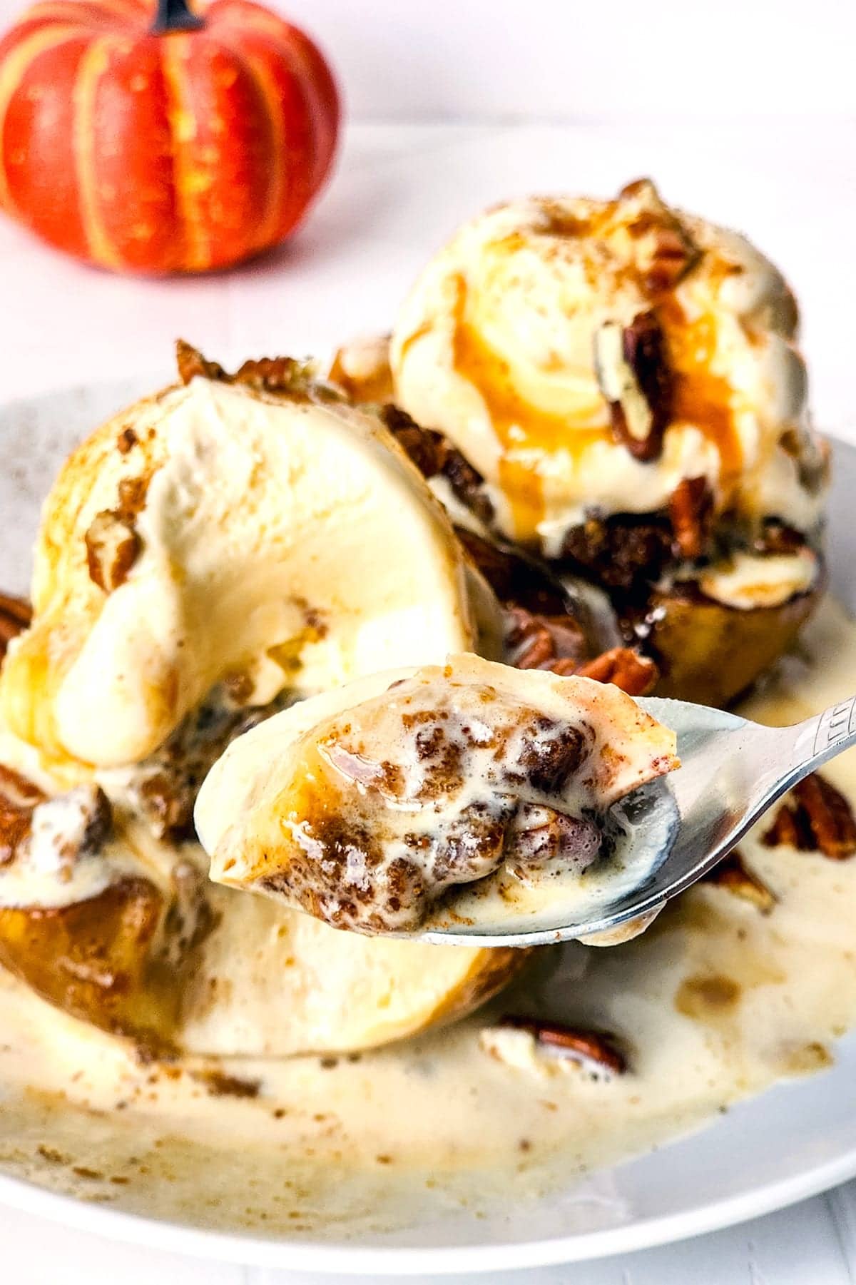 baked cinnamon apples with ice cream.