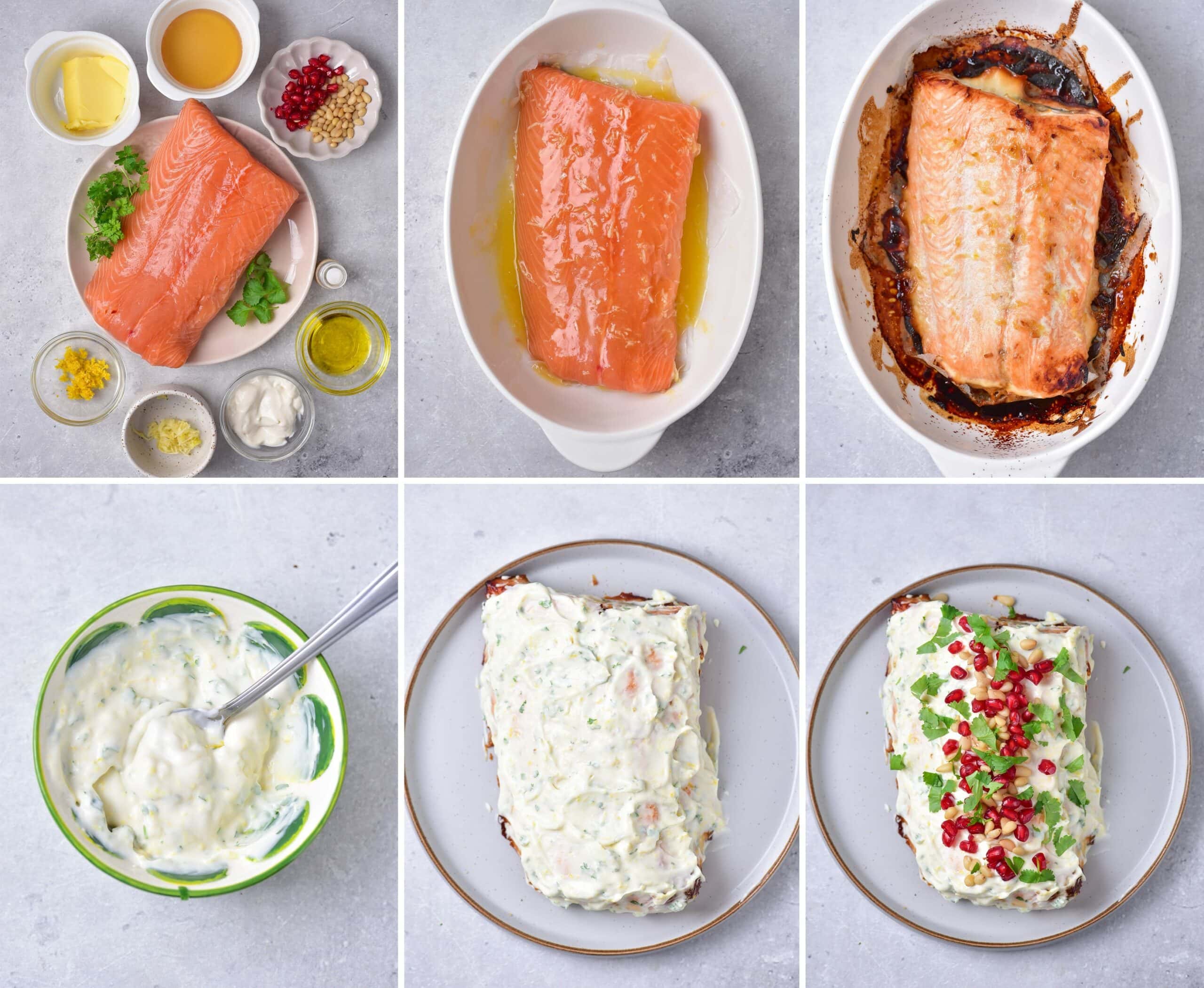 baking whole salmon fillet with cream lemon garlic sauce on top