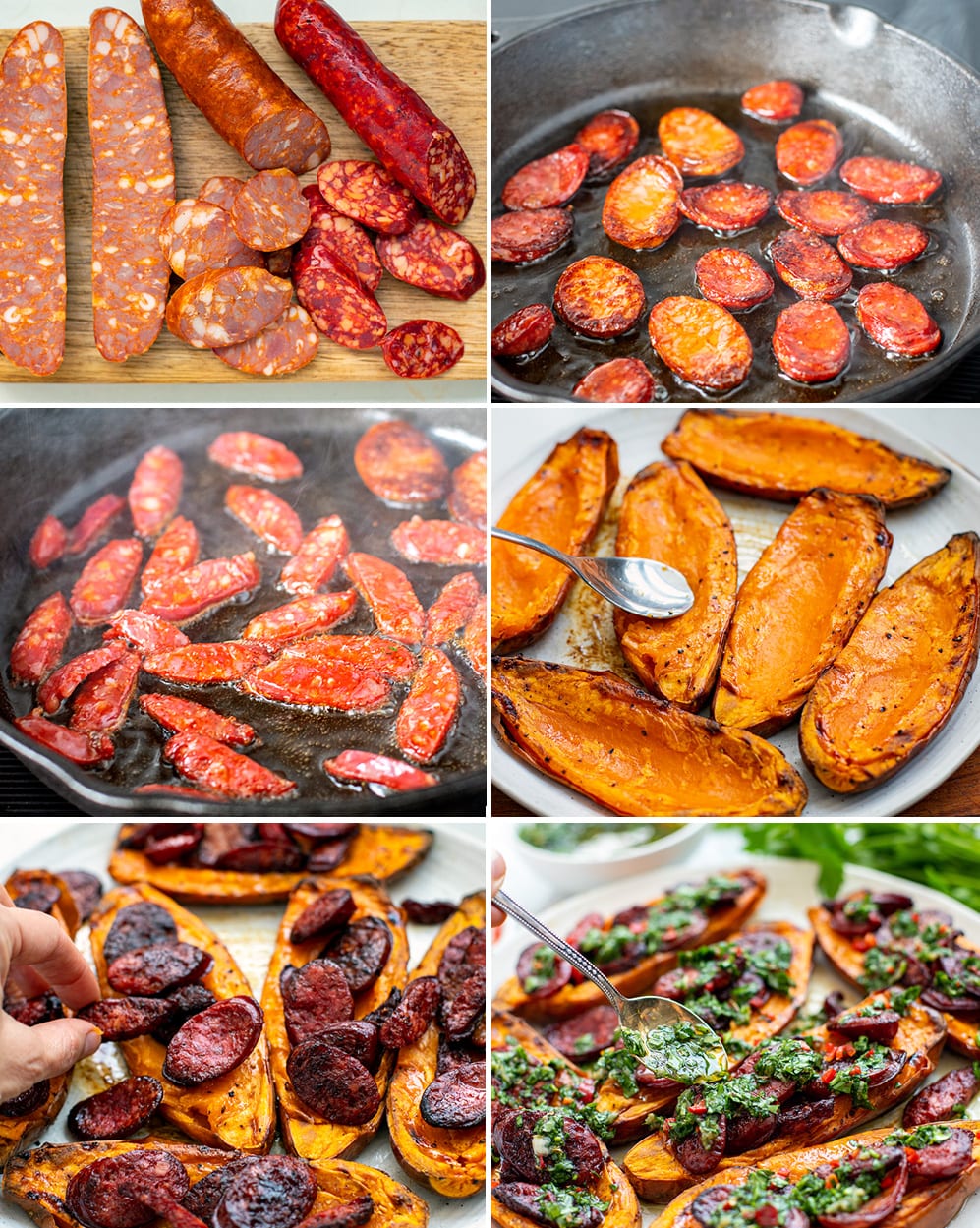 pan-frying chorizo and making sweet potato boats filled with sausage and chimichurri sauce