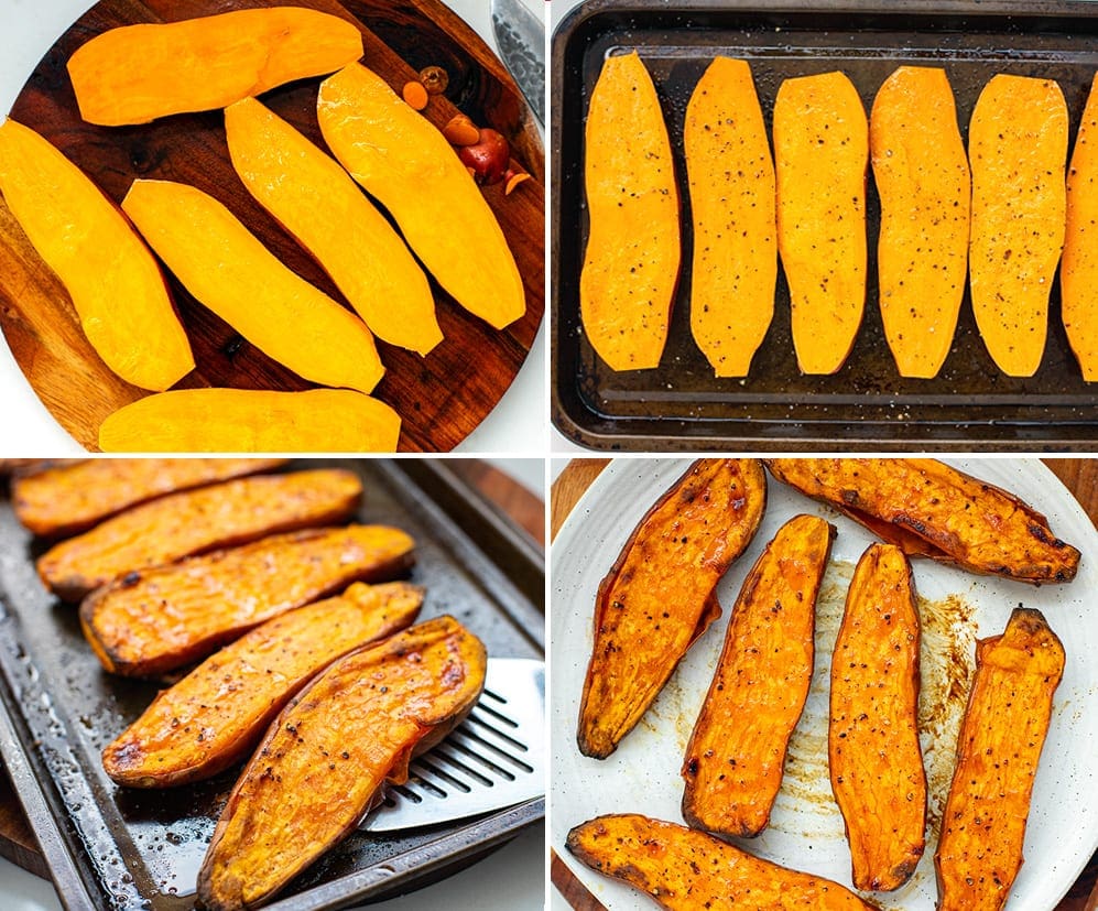 baking sweet potato halves.
