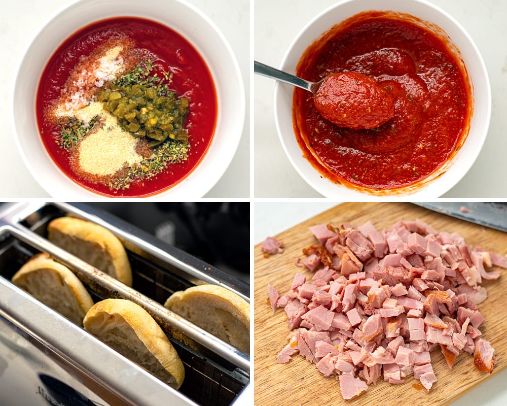 Collage photo of Making tomato sauce for pizza, toasting english muffins and diced ham