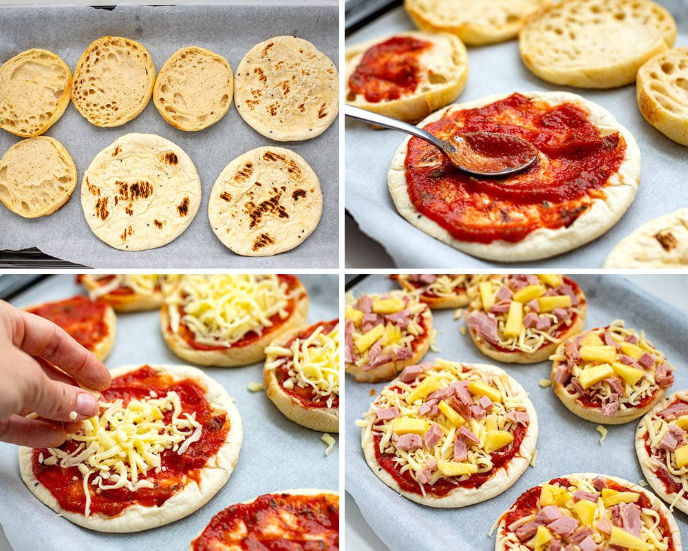 Making mini pizzas, putting tomato sauce on and adding cheese, ham and pineapple